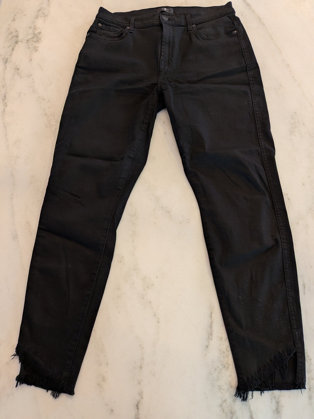 7 For All Mankind Black Ankle Skinny Jeans with Frayed Hem